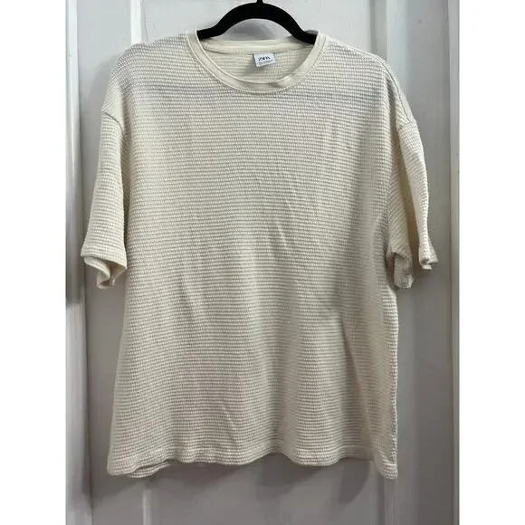 Zara Men’s Textured Woven Ivory Off White Short Sleeve Loose Fit T Shirt, size M - Picture 2 of 4